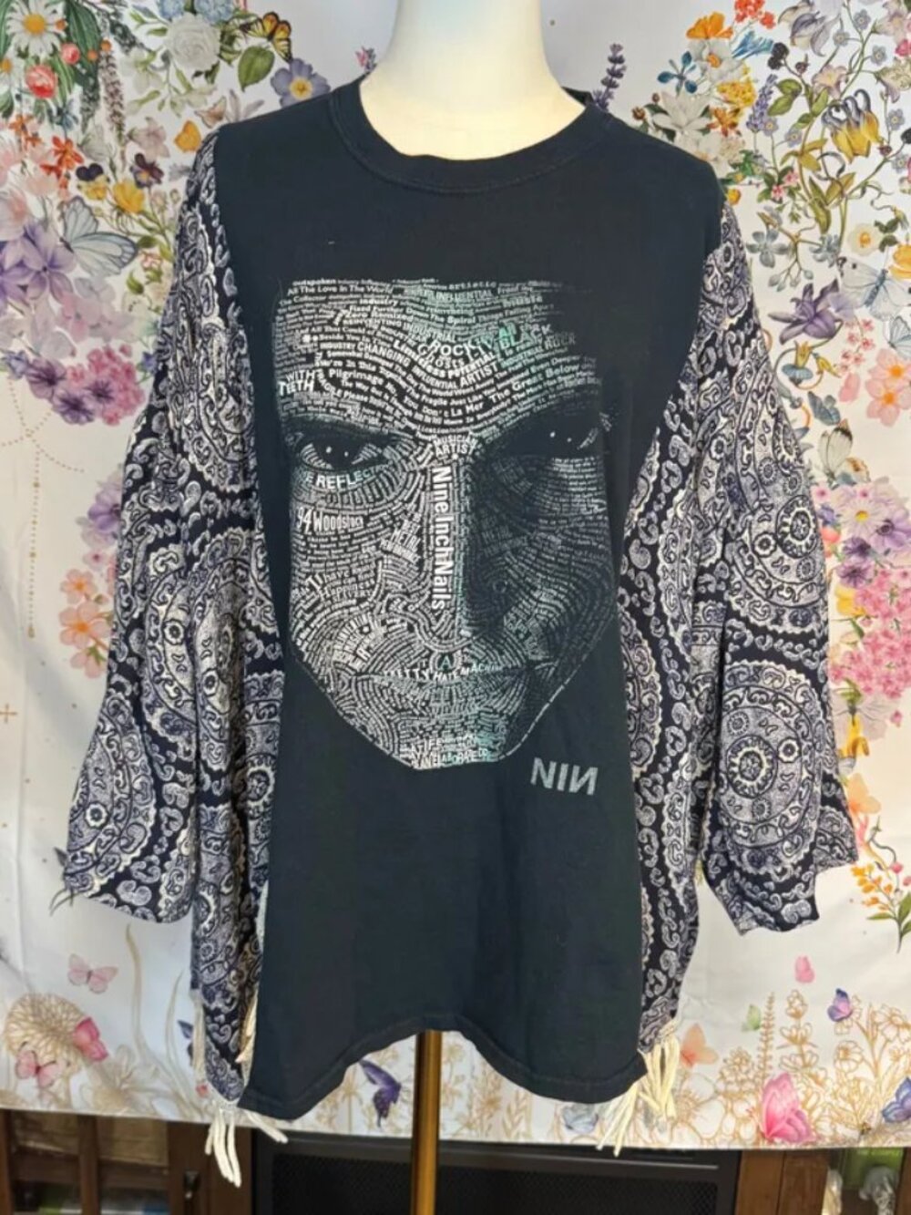 Nine Inch Nails Upcycled Graphic T-Shirt with Flowy Printed Sleeves - OSFM